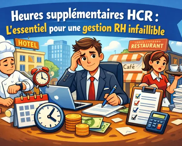Un chef, un homme d'affaires et une serveuse gèrent des heures supplémentaires HCR. L'image illustre la gestion RH et les finances.
