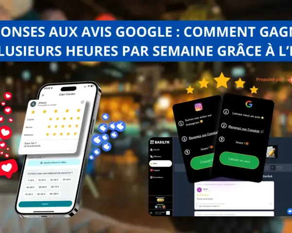 Des téléphones affichant des avis Google et des applications pour gérer les retours clients. L'IA peut aider à gagner du temps sur les réponses aux avis Google.