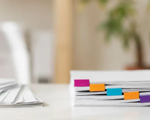 Pile de documents RH organisée avec des onglets colorés.