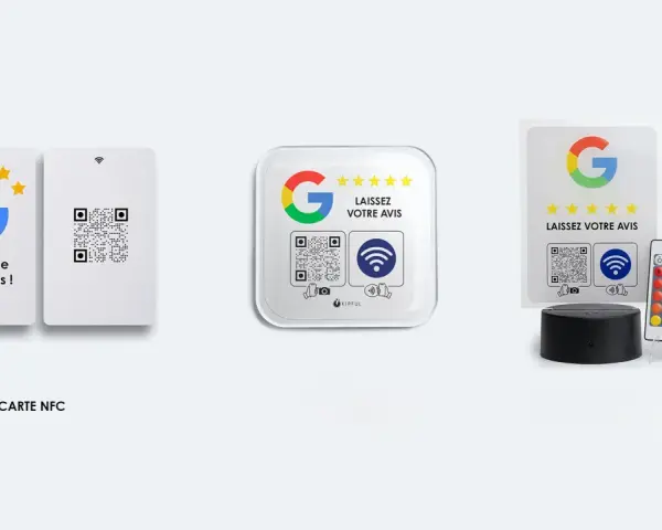 Cartes et autocollants pour faciliter le calcul de votre avis Google. Un QR code et un logo Google invitent à laisser un avis.