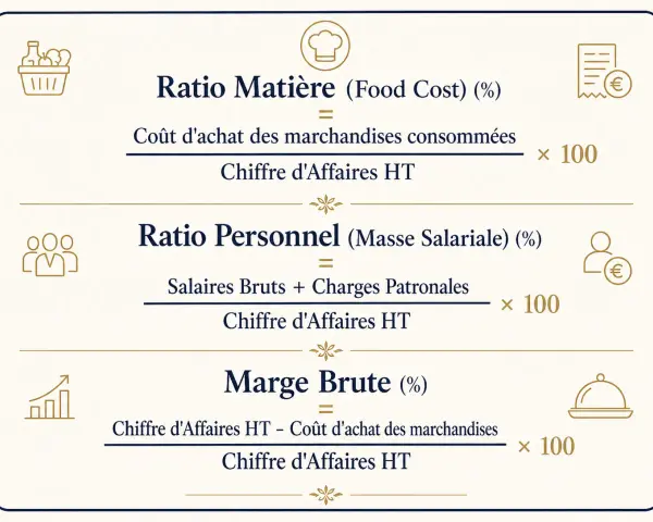 Formules de ratios de restaurant : coût matière, personnel et marge brute.