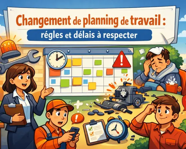 Une équipe discute du changement horaire de travail. Un calendrier, des outils et des employés pensifs illustrent les règles et délais à respecter.
