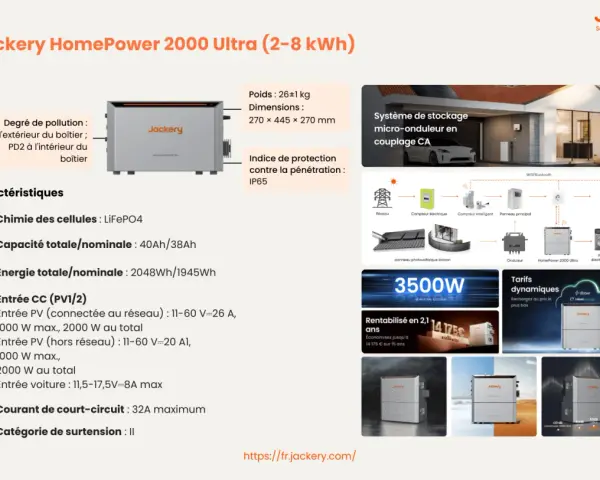 Composition d'un four électrique Jackery HomePower 2000 Ultra, avec ses caractéristiques techniques et un schéma de système de stockage d'énergie.