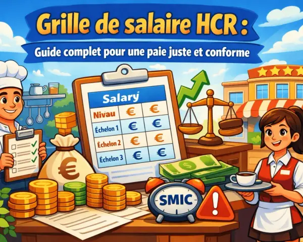 Un chef et une serveuse présentent une grille de salaire HCR, avec des pièces, des billets et une balance symbolisant une paie juste.