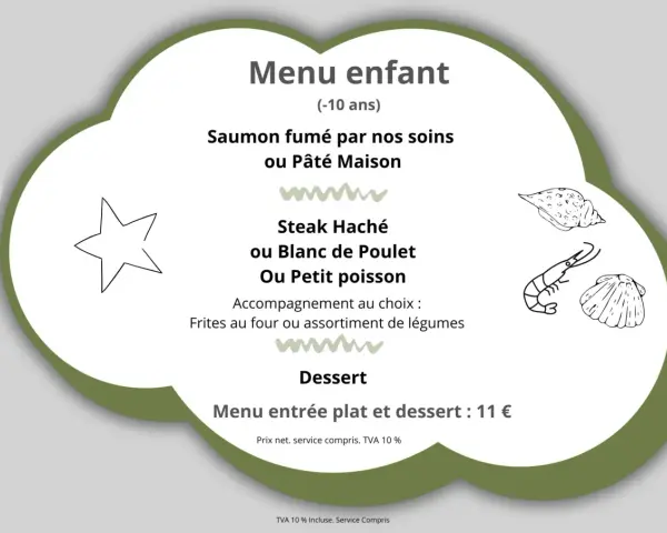 Menu enfant : saumon fumé, pâté maison, steak haché, blanc de poulet ou petit poisson avec frites ou légumes. Dessert inclus. 11 €.