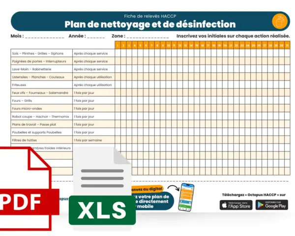 Tableau de suivi pour un plan de nettoyage et désinfection, un exemple HACCP. Il liste les tâches et leur fréquence.