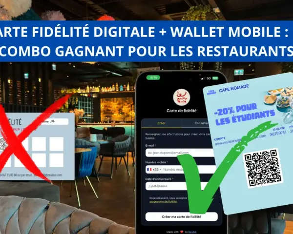 Une carte de fidélité numérique pour étudiants offre -20% au restaurant. Une ancienne carte physique est barrée.