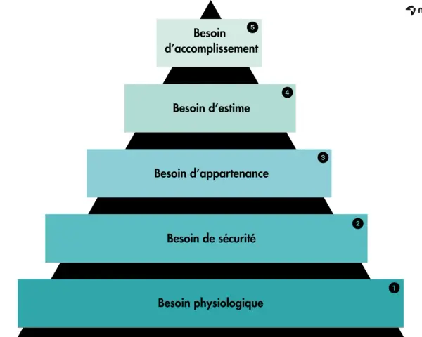 Pyramide de Maslow illustrant les niveaux de besoins, de la physiologie à l'accomplissement, clé de la motivation au travail.