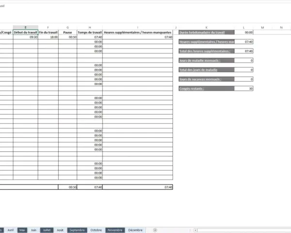 Tableau Excel pour suivre les heures de travail, les congés et les absences. Un outil essentiel pour gérer son temps.