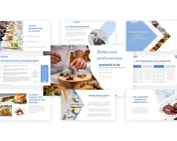 Présentation d'un business plan pour un restaurant gastronomique, axé sur la proposition de valeur, l'étude de marché et les tendances de l'industrie.