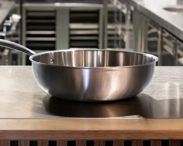Poêle en inox sur un plan de travail. Est-ce que l'inox va au four ? Oui, la plupart des ustensiles en inox sont adaptés au four.