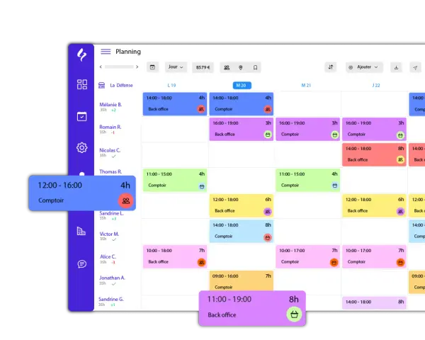 Interface d'un logiciel création planning, affichant un calendrier avec des créneaux horaires et des noms d'employés.