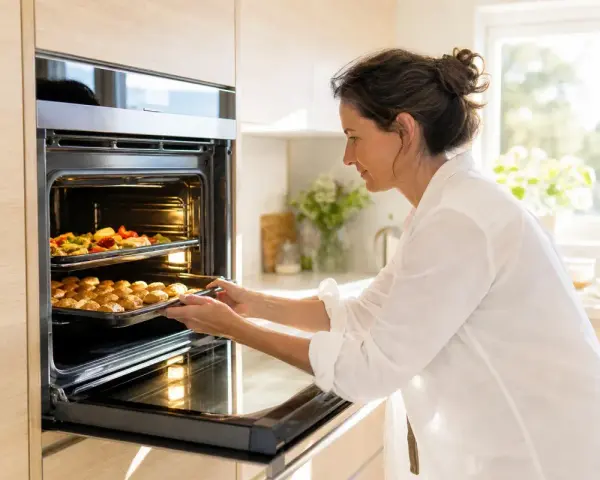 Une femme met des plats dans un four. Elle découvre la différence entre chaleur tournante et convection en cuisinant.