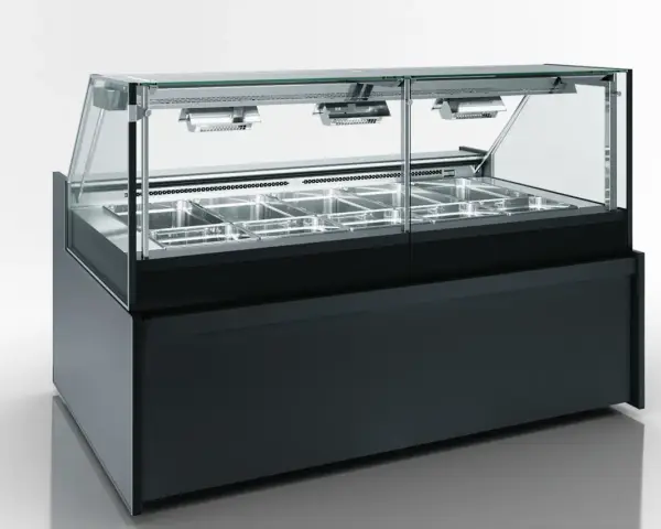 Vitrine réfrigérée avec plusieurs bacs en inox, idéale pour maintenir la température bain marie des aliments.