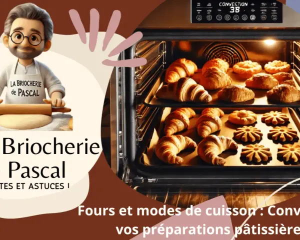 Un chef pâtissier et un four rempli de croissants et de biscuits. Le mode patisserie four est idéal pour ces délices dorés.