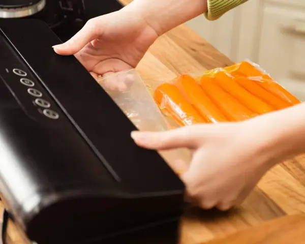 Mains pour la mise sous vide de carottes avec une machine.