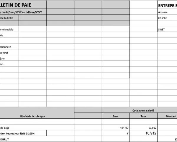 Extrait d'un bulletin de paie montrant le salaire de base et la majoration pour jour férié, indiquant quel jour férié est payé double.