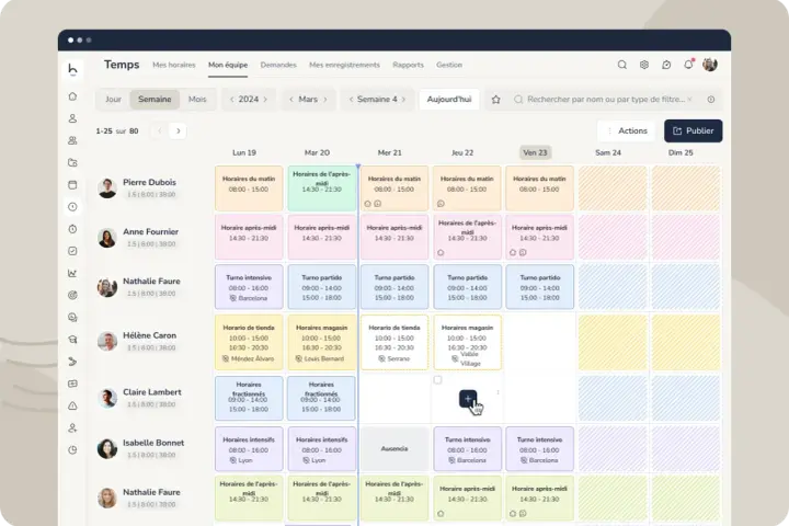 Tableau affichant un exemple d'horaire de travail hebdomadaire pour plusieurs employés, avec des créneaux matinaux, après-midi et intensifs.