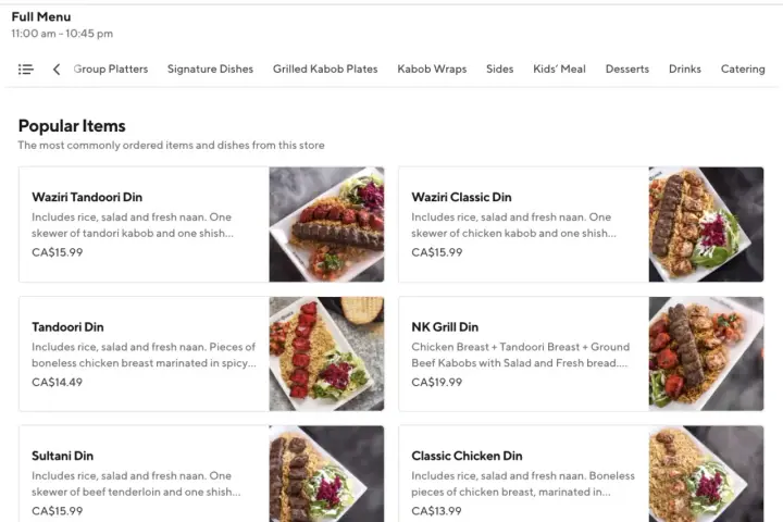Exemple menu restaurant : plats populaires comme le Waziri Tandoori Din, Tandoori Din, Sultani Din, Waziri Classic Din, NK Grill Din et Classic Chicken Din.
