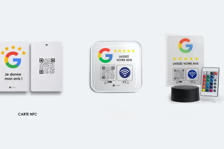 Cartes et autocollants pour faciliter le calcul de votre avis Google. Un QR code et un logo Google invitent à laisser un avis.