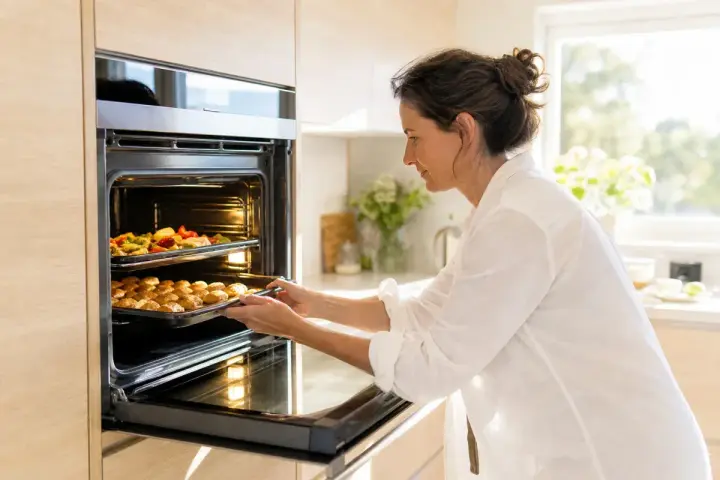 Une femme met des plats dans un four. Elle découvre la différence entre chaleur tournante et convection en cuisinant.