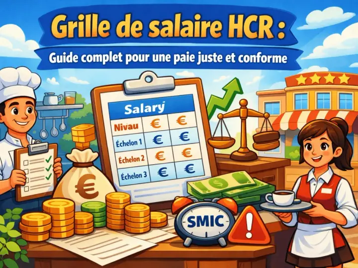 Un chef et une serveuse présentent une grille de salaire HCR, avec des pièces, des billets et une balance symbolisant une paie juste.