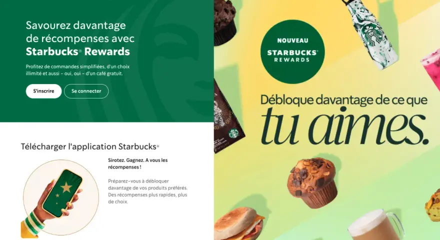 Exemple de programme de fidélité Starbucks Rewards : savourez plus de récompenses, commandes simplifiées, café gratuit.