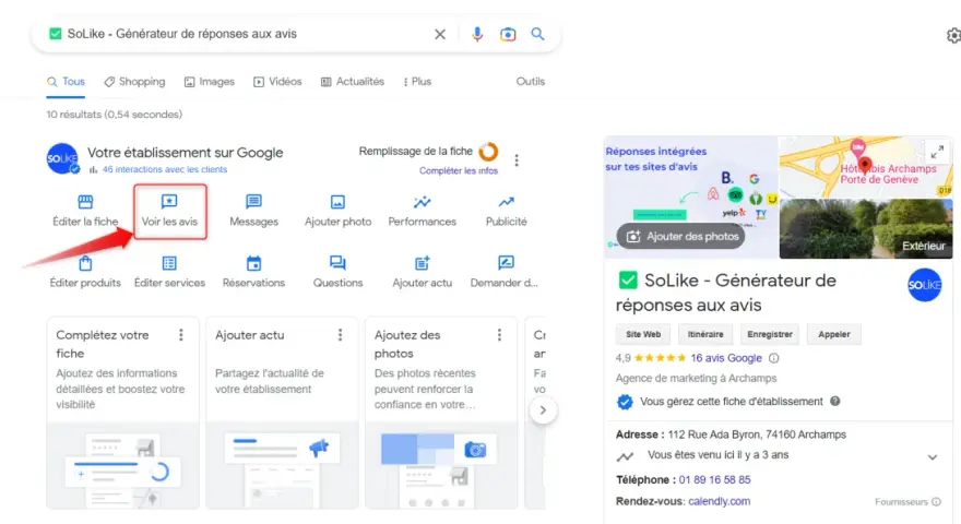 Interface Google pour gérer un établissement. Une flèche rouge pointe vers "Voir les avis", une option pour gérer les retours clients et potentiellement supprimer avis Google.