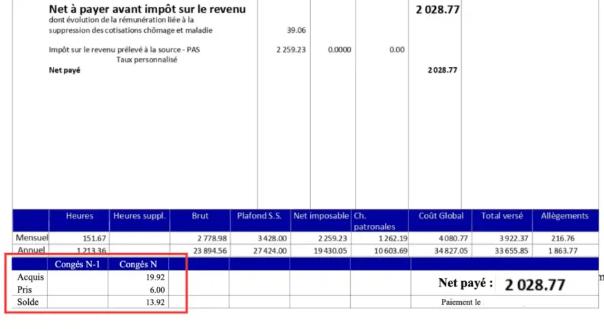 Extrait de bulletin de paie montrant le net à payer de 2028.77. Les colonnes indiquent le nombre d'heures, le brut, et le net imposable pour le mois et l'année. Le nombre d'heures travaillées par mois est de 151.67.