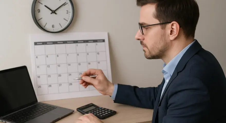 Un homme calcule le temps de travail : 35 heures par semaine, combien par mois ? Il est devant un calendrier, un ordinateur et une calculatrice.