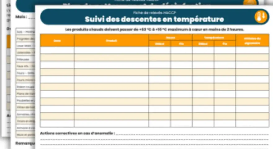 Fiche de suivi des descentes en température pour le protocole HACCP. Elle enregistre les données de refroidissement des produits.