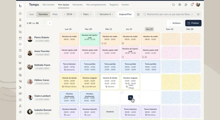 Tableau affichant un exemple d'horaire de travail hebdomadaire pour plusieurs employés, avec des créneaux matinaux, après-midi et intensifs.