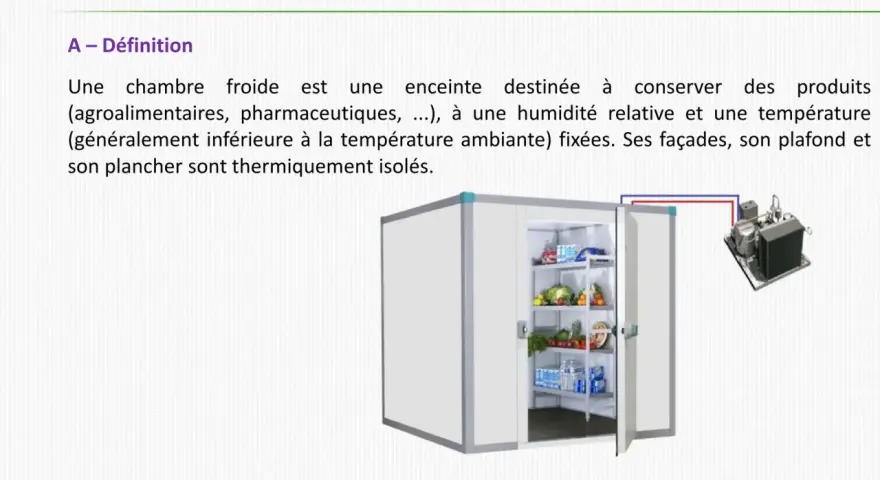 Une chambre froide est une enceinte isolée pour conserver des produits à température et humidité contrôlées. Elle est essentielle pour la conservation des aliments.