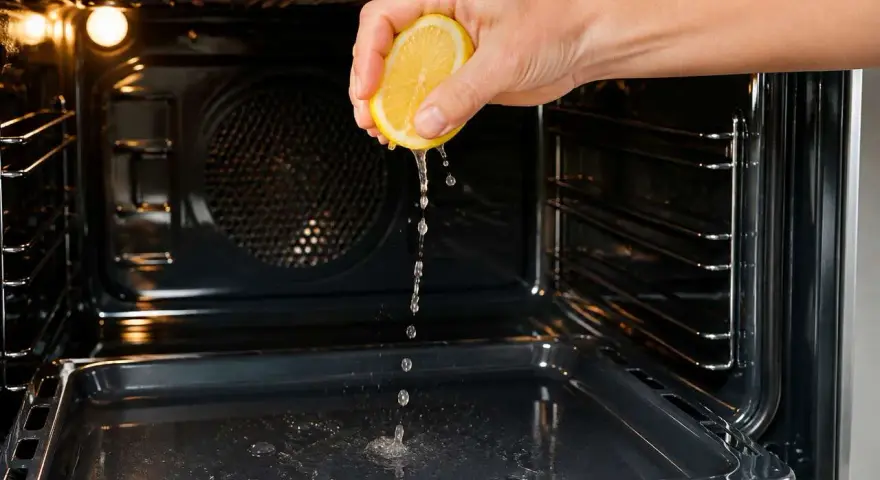 Une main presse un citron pour degraisser un four tres sale. Le jus coule sur la plaque.