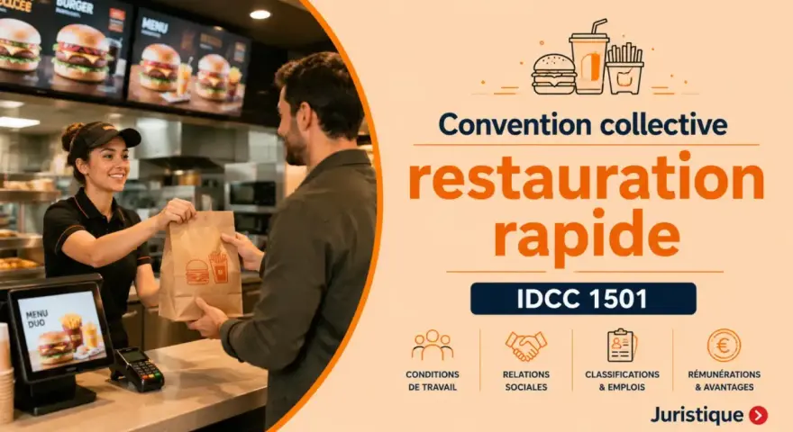 Employée souriante remettant un sac de restauration rapide à un client. La convention collective IDCC 1501 régit ce secteur.