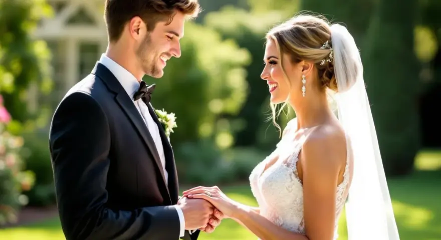 Un jeune couple heureux, marié, se tenant la main. Le marié porte un costume noir, la mariée une robe blanche et un voile. Un beau jour de congé pour mariage.