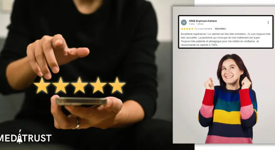 Un avis positif sur un restaurant, avec des étoiles brillantes et une cliente ravie.