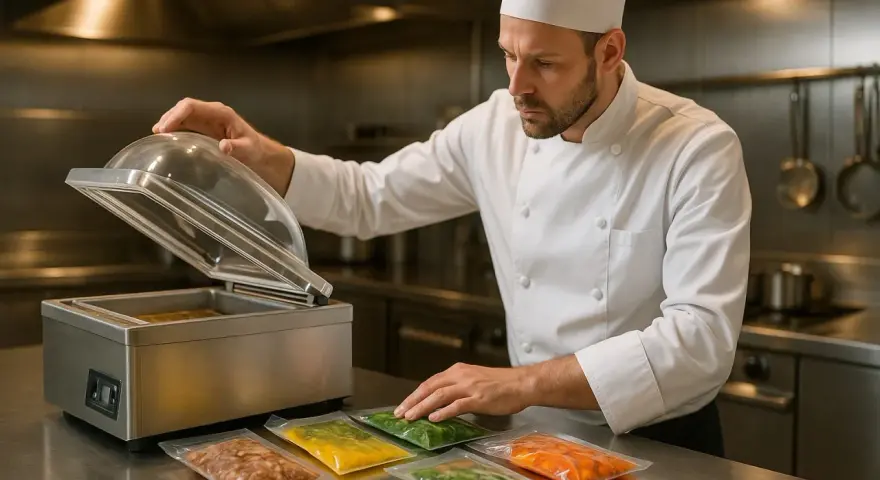 Un chef prépare des aliments pour les mettre sous vide. Des sachets colorés de nourriture sont alignés sur le comptoir.