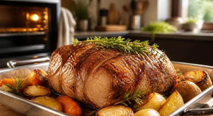 Un rôti doré et juteux, garni de romarin, cuit à la perfection. Autour, des pommes de terre et carottes rôties. Le four gaz est prêt pour le prochain plat.
