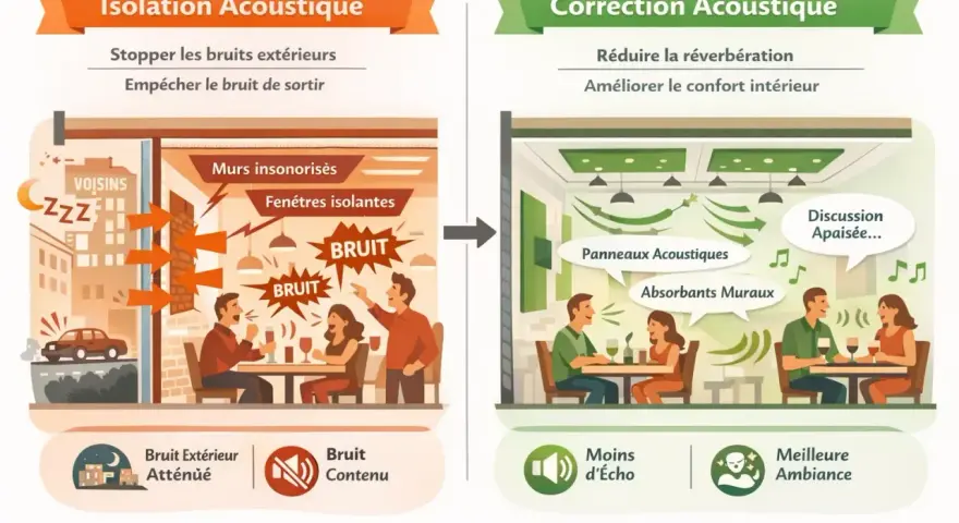 Avant : bruit de restaurant extérieur envahissant. Après : correction acoustique pour une discussion apaisée et une meilleure ambiance.