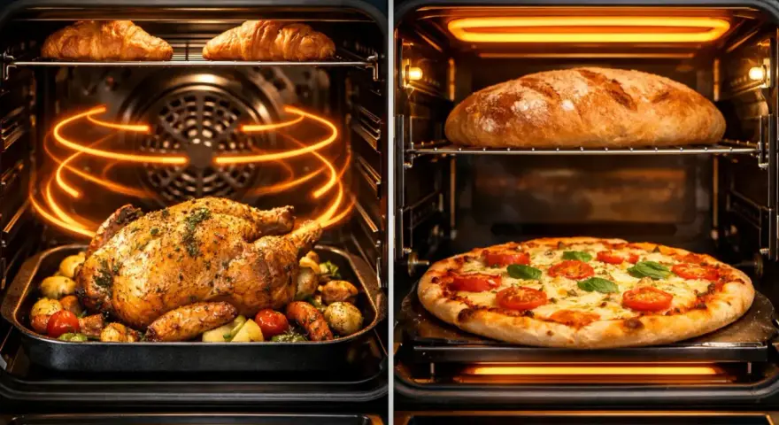 Un poulet rôti et des croissants cuisent dans un four, tandis qu'une pizza et du pain sont dans un autre. La chaleur statique d'un four assure une cuisson uniforme.