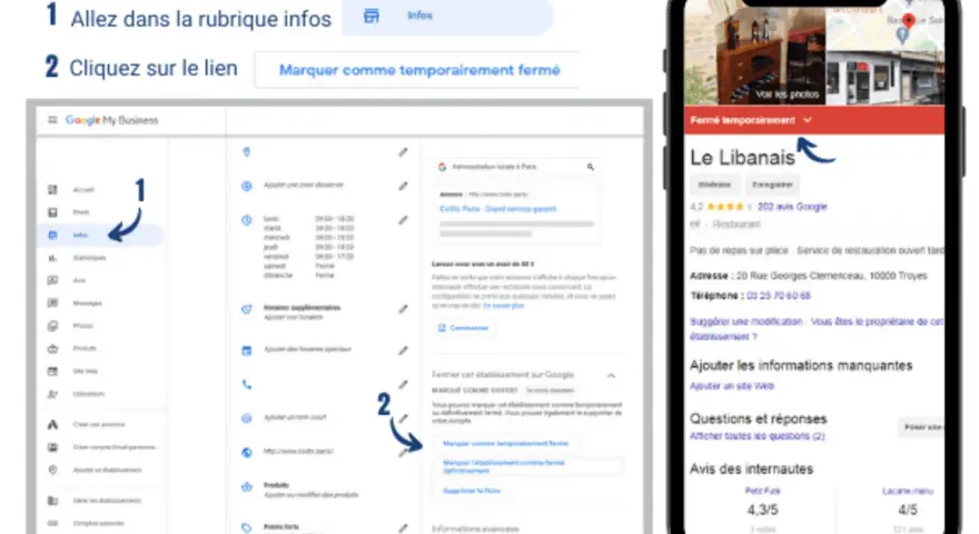 Modèle annonce fermeture pour vacances : instructions pour marquer temporairement un établissement comme fermé sur Google My Business.