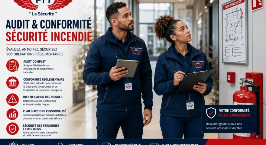 Deux experts vérifient la conformité des normes sécurité incendie dans un restaurant. Un plan d'évacuation est affiché.