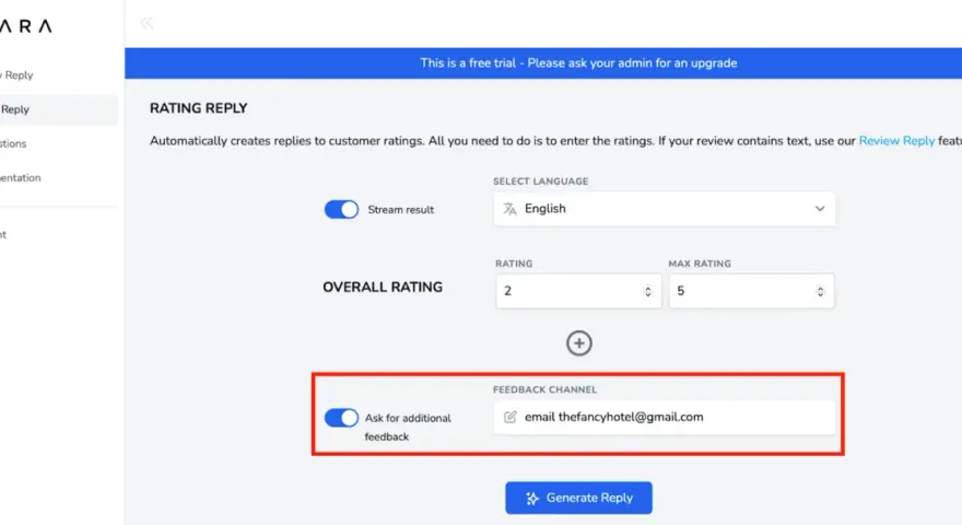 Interface pour générer des réponses automatiques aux avis Google. Permet de définir la langue, la note et le canal de feedback.