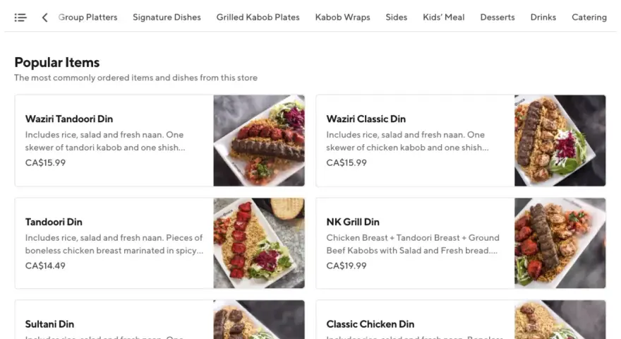 Exemple menu restaurant : plats populaires comme le Waziri Tandoori Din, Tandoori Din, Sultani Din, Waziri Classic Din, NK Grill Din et Classic Chicken Din.