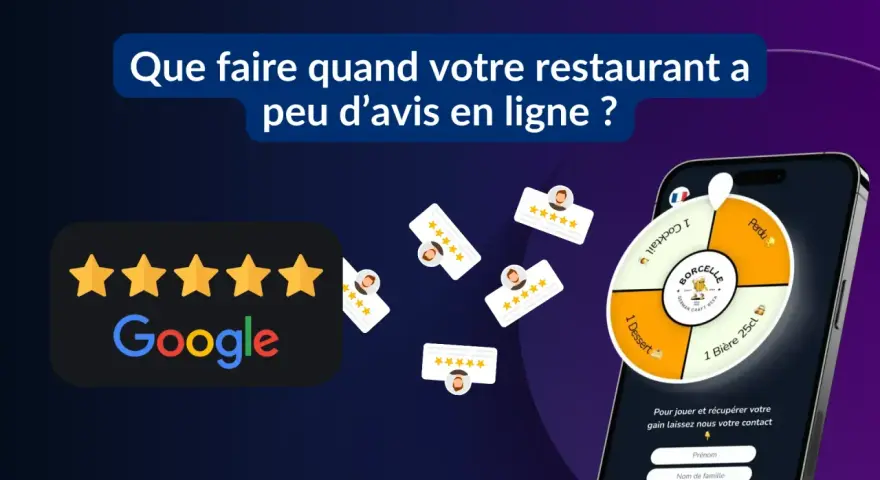 Des étoiles Google et des avis clients flottent autour d'un téléphone affichant une roue de loterie. Encouragez vos clients à laisser un avis Google pour gagner des prix.