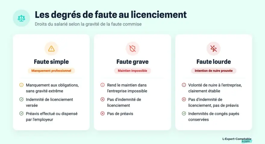 Illustration des degrés de faute au licenciement : simple, grave et lourde, avec les droits du salarié associés.