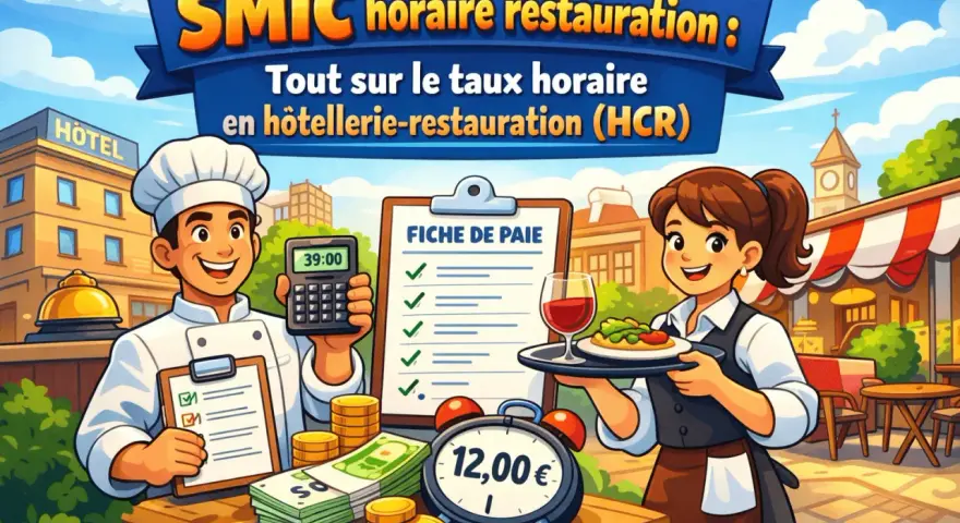 Chef et serveuse souriants présentent la convention collective restauration repas personnel. Calcul du SMIC horaire HCR, fiche de paie, argent et réveil affichant 12€.
