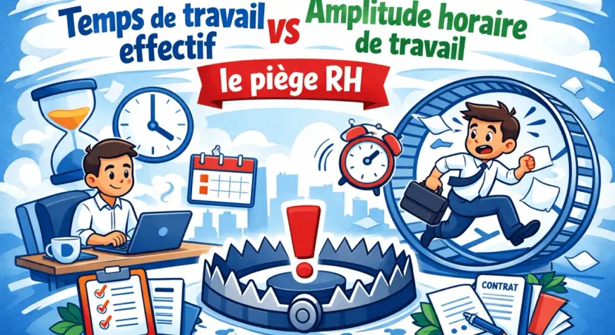 Un employé court dans une roue, symbolisant l'amplitude horaire maximale. Un piège à loup et une horloge rappellent les dangers du travail excessif.