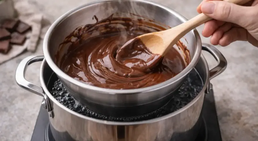 Du chocolat fondant est mélangé avec une cuillère en bois, posé sur une casserole d'eau bouillante pour faire chauffer au bain marie.